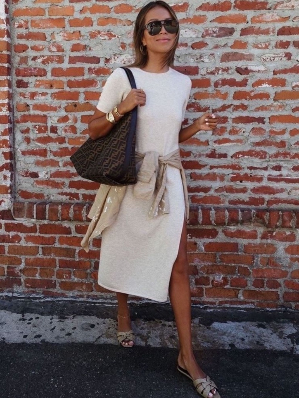 Song of Style Night Air Midi Dress in Neutral Front Slit